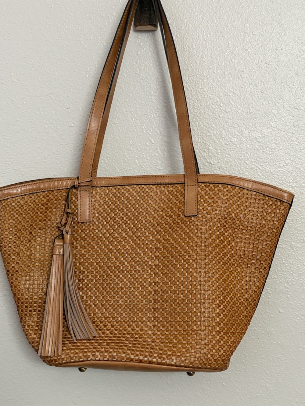Patricia Nash Woven Saddle Brown Tote with Tassel